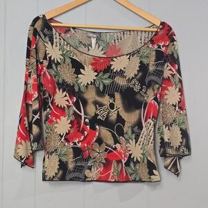 VTG Ravel Womens Black Red Floral Print 3/4 Sleeve Boat Neck Top Size Large